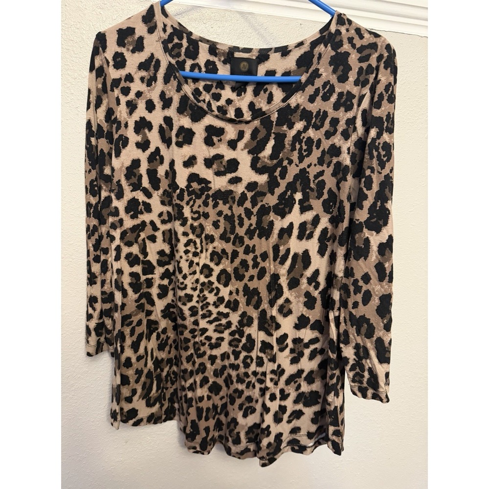 JM Collection Women Brown Leopard Animal Print 3/4 Sleeves Knit Top Medium
